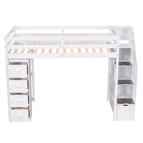 Twin size Loft Bed with Storage Drawers and Stairs, Wooden Loft Bed with Shelves - White - Home Elegance USA