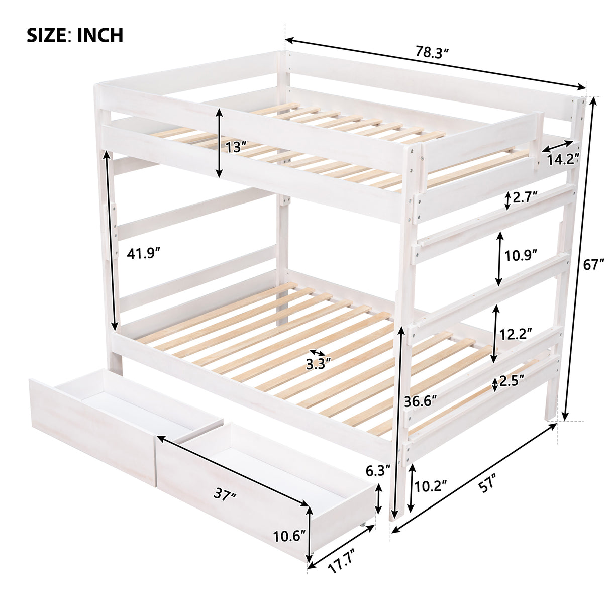Full over Full Wood Bunk Bed with 2 Drawers, White - Home Elegance USA