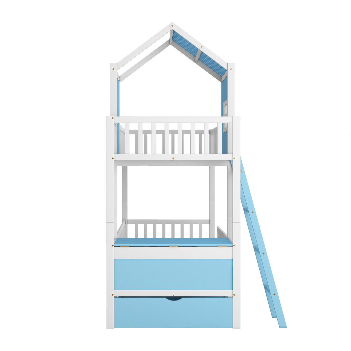 Twin over Twin Bunk Bed with Twin Size Trundle , Farmhouse Bed with Storage Box and Drawer - Blue - Home Elegance USA