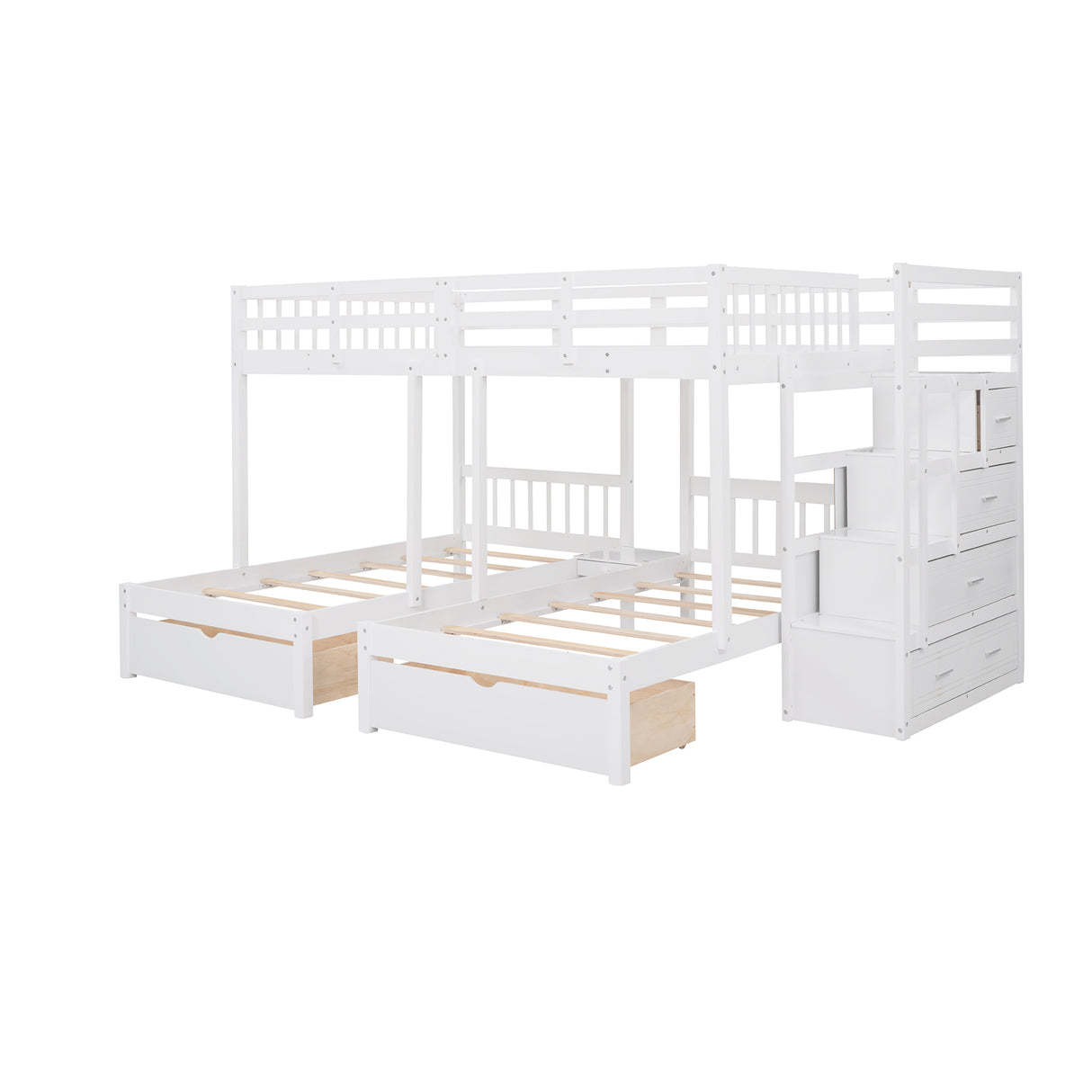 Full Over Twin & Twin Bunk Bed, Wood Triple Bunk Bed with Drawers and Guardrails (White) Home Elegance USA