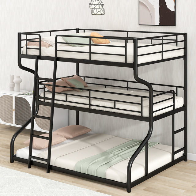 Full XL over Twin XL over Queen Size Triple Bunk Bed with Long and Short Ladder,Black - Home Elegance USA