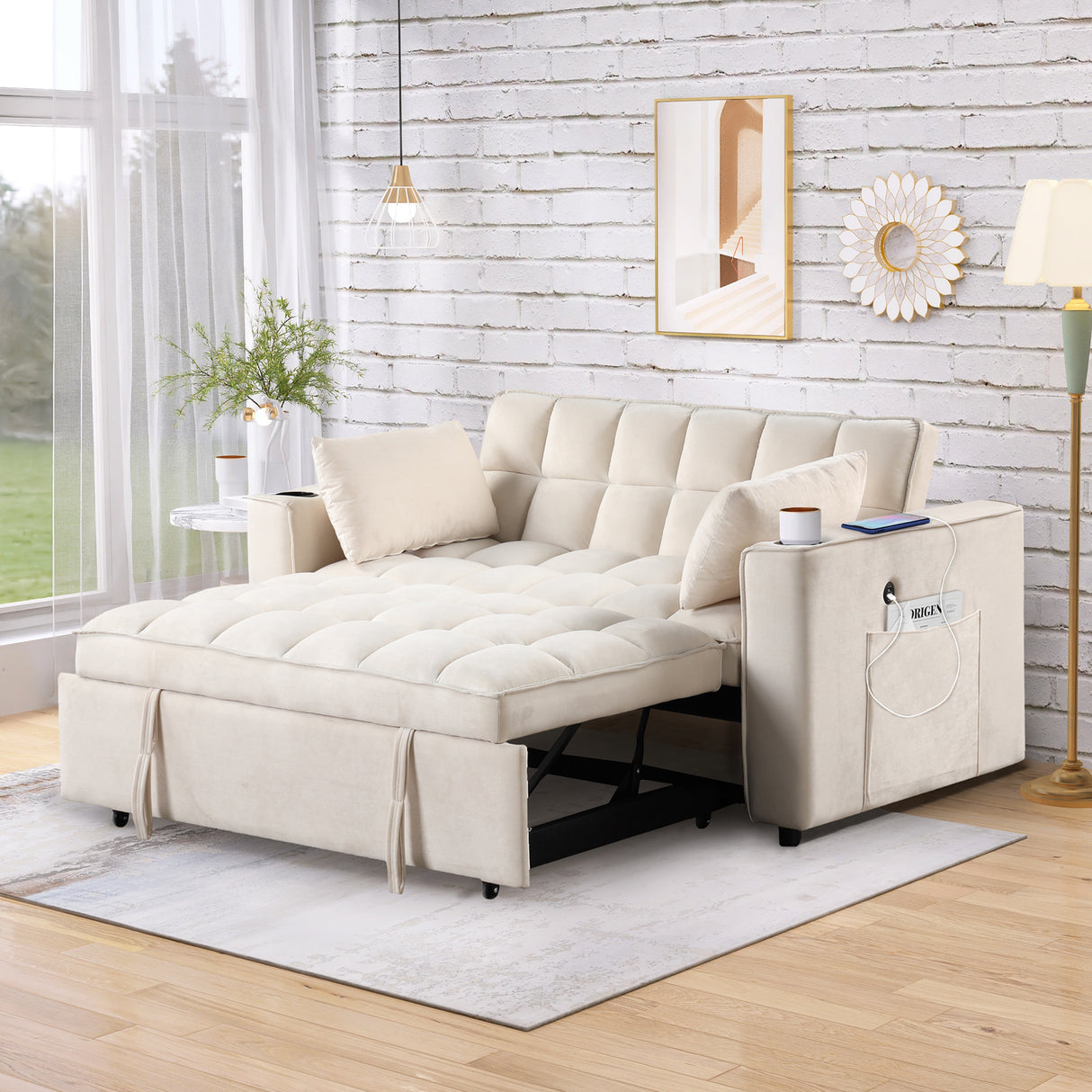 55.3" 4 - 1 Multi - functional Sofa Bed with Cup Holder and USB Port for Living Room or Apartments Milky White | Home Elegance USA