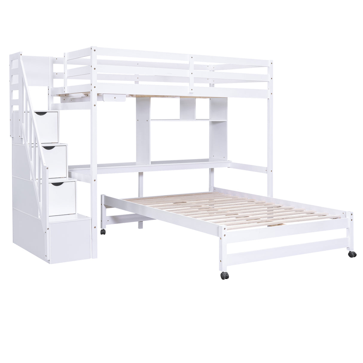 Twin over Full Bunk Bed with Storage Staircase, Desk, Shelves and Hanger for Clothes, White - Home Elegance USA