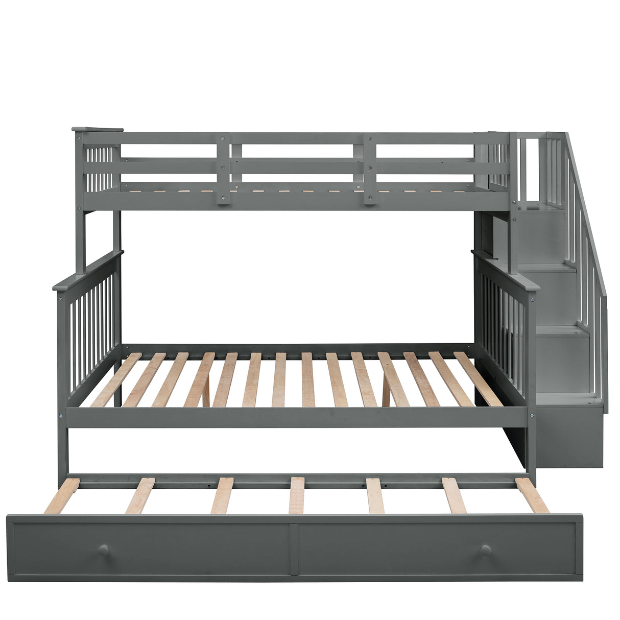 Stairway Twin-Over-Full Bunk Bed with Twin size Trundle, Storage and Guard Rail for Bedroom, Dorm, for Adults, Gray(OLD SKU :LP000119AAE) - Home Elegance USA