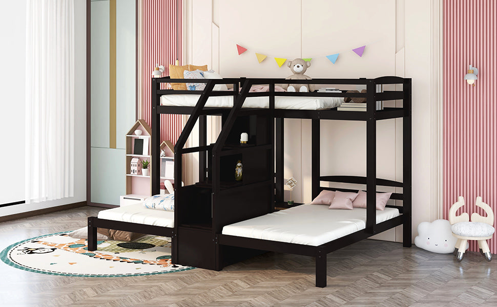 Twin over Twin & Twin Bunk Bed with Built-in Staircase and Storage Drawer,Espresso Home Elegance USA