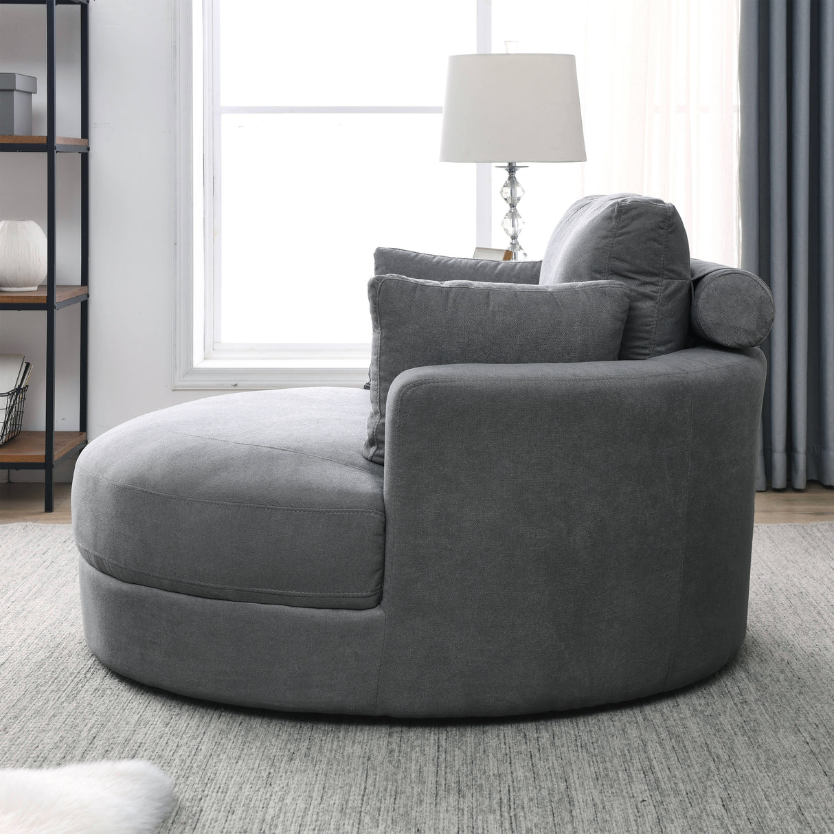 [Video] Welike Swivel Accent Barrel Modern Dark Grey Sofa Lounge Club Big Round Chair with Storage Ottoman Linen Fabric for Living Room Hotel with Pillows Home Elegance USA