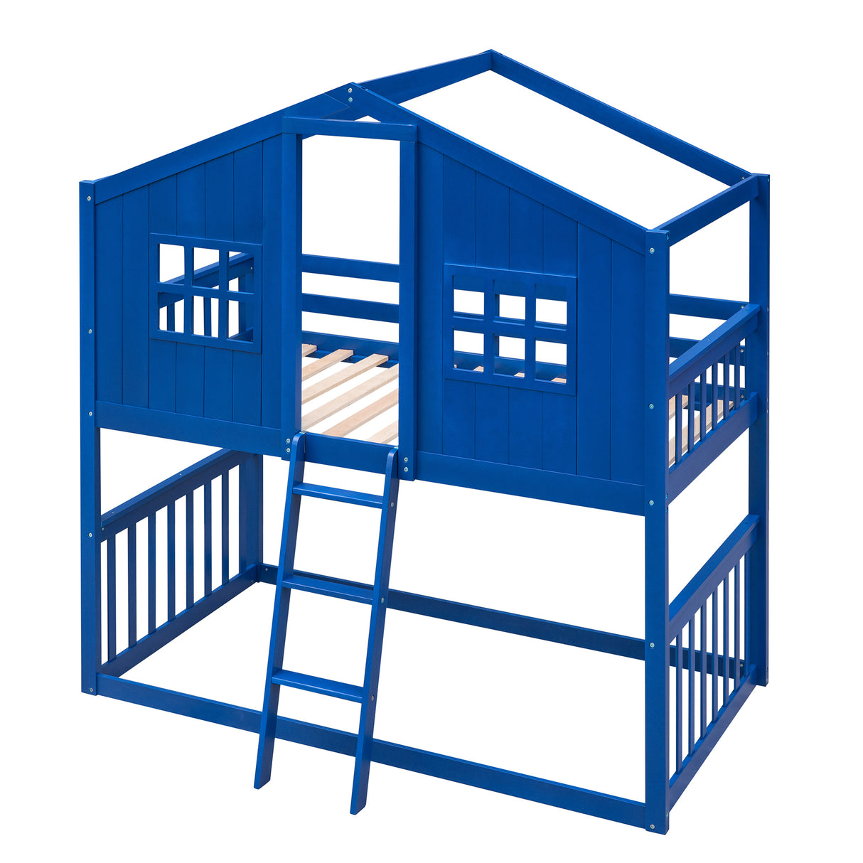 Twin Over Twin House Bunk Bed With Ladder, Wood Bed-Blue - Home Elegance USA