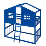 Twin Over Twin House Bunk Bed With Ladder, Wood Bed-Blue - Home Elegance USA
