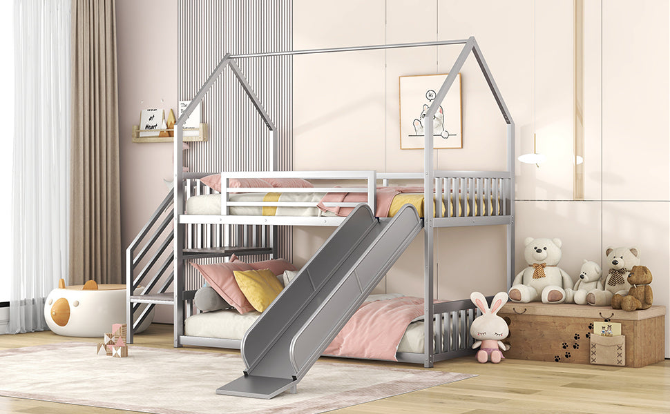 Twin over Twin Metal Bunk Bed House Bed with Slide and Staircase, Silver - Home Elegance USA