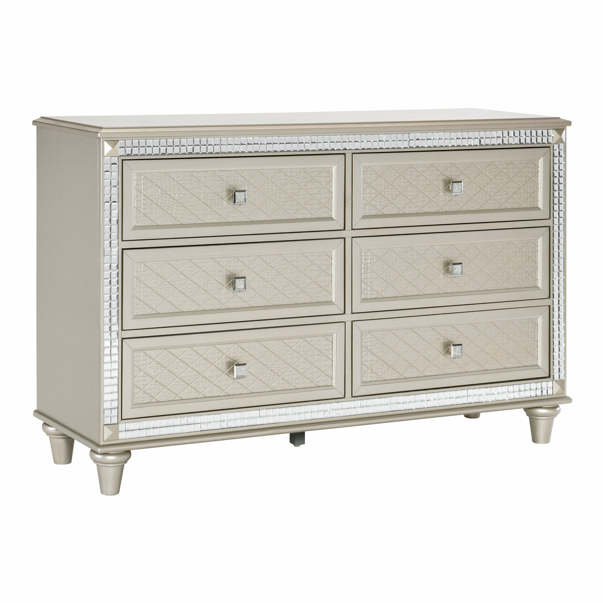 Luxury Champagne Finish Dresser of 6 Drawers 1pc Glamorous Crystal Diamond Pattern Knobs Stylish Bedroom Furniture - Home Elegance USA