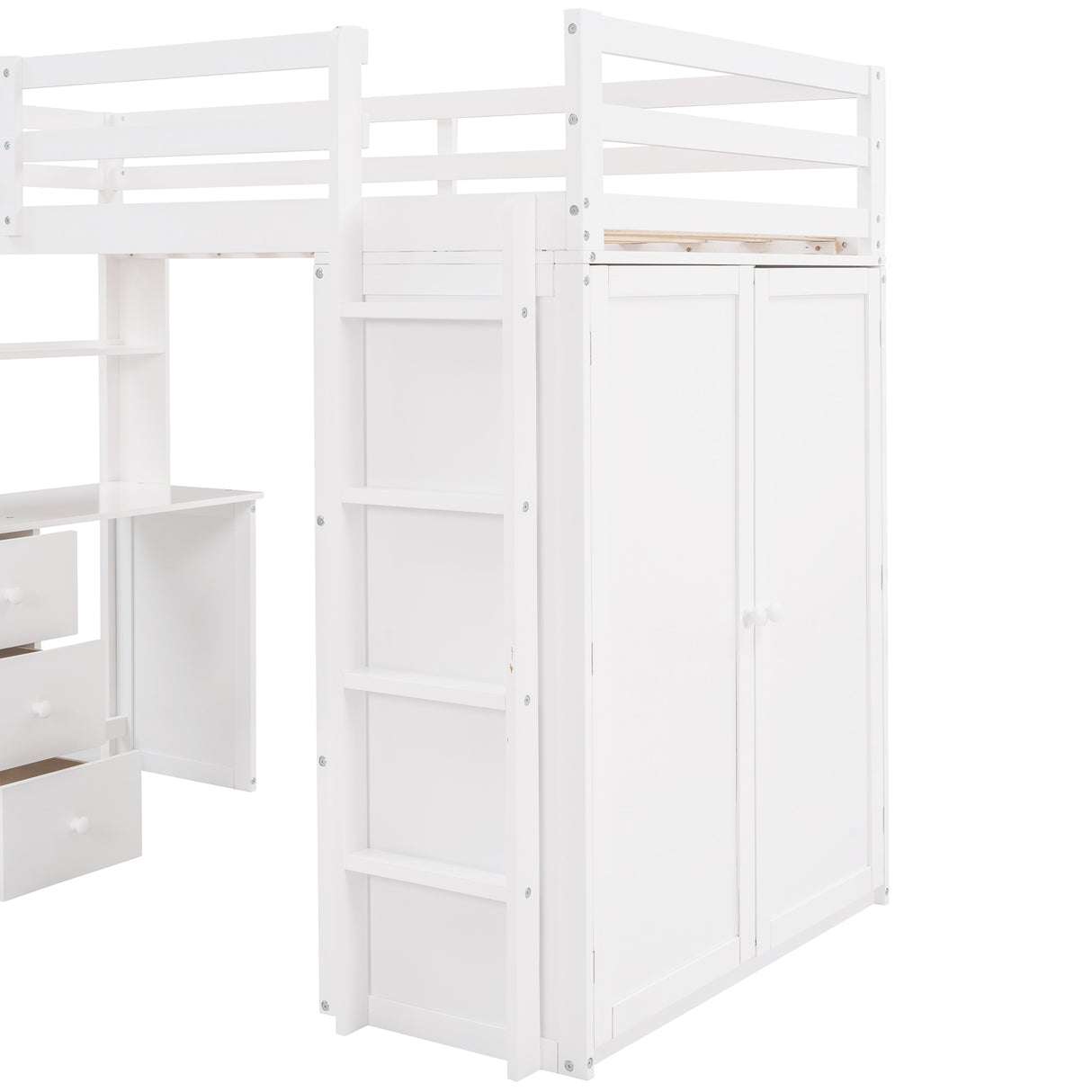 Twin size Loft Bed with Drawers,Desk,and Wardrobe-White - Home Elegance USA