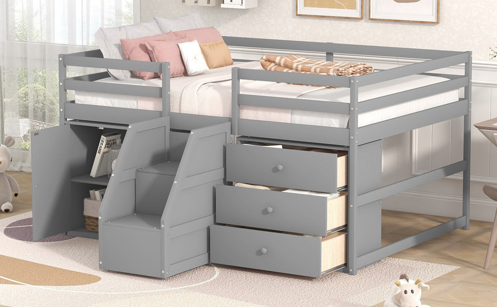 Full Size Functional Loft Bed with Cabinets and Drawers, Hanging Clothes at the back of the Staircase, Gray - Home Elegance USA