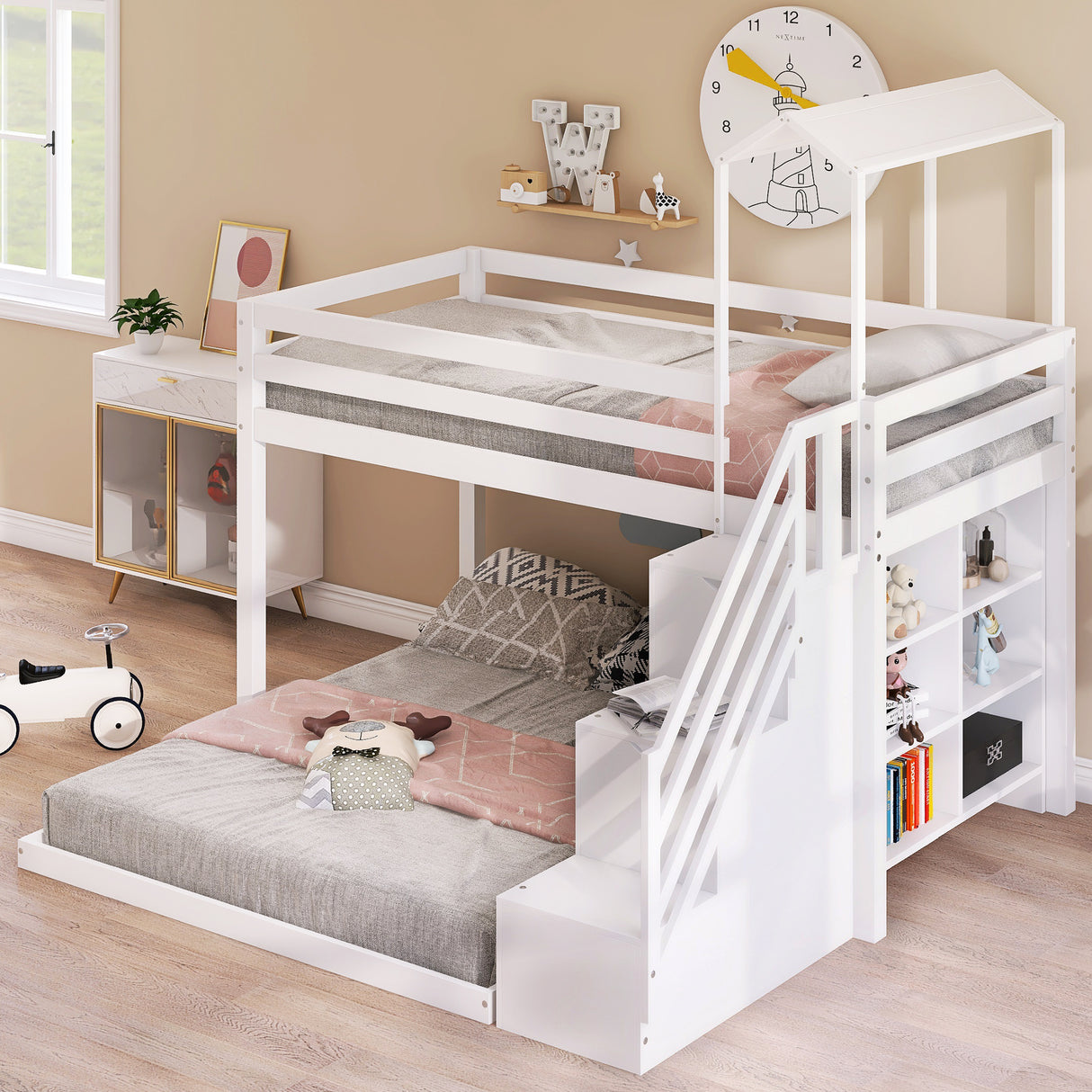 Twin over Full House Roof Bunk Bed with Staircase and Shelves, White - Home Elegance USA