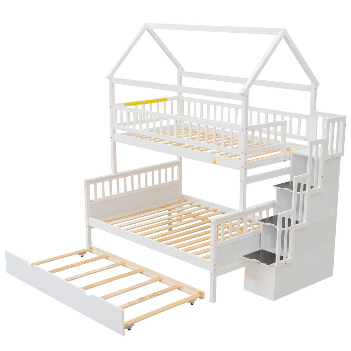 Twin over Full Size House Bunk Bed with Storage Staircase and Trundle,Full-Length Guardrail,White - Home Elegance USA