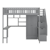 Full size Loft Bed with Bookshelf,Drawers,Desk,and Wardrobe-Gray - Home Elegance USA