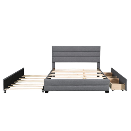 Queen Upholstered Platform Bed with Twin Size Trundle and Two Drawers,Grey - Home Elegance USA