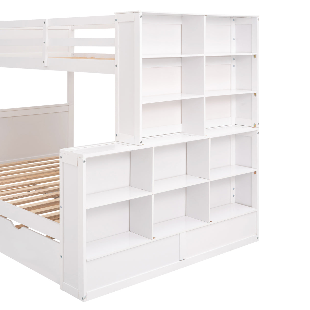 Twin over Full Bunk Bed with Trundle and Shelves, can be Separated into Three Separate Platform Beds, White - Home Elegance USA