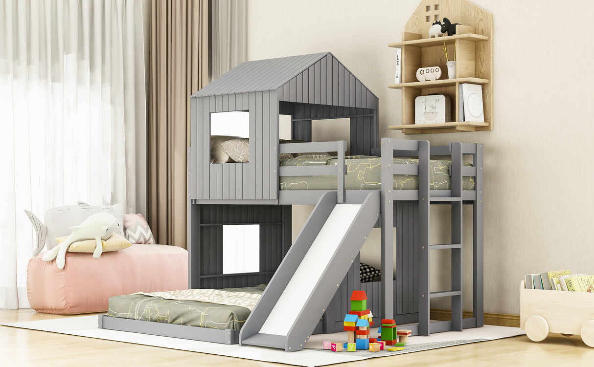 Wooden Twin Over Full Bunk Bed, Loft Bed with Playhouse, Farmhouse, Ladder, Slide and Guardrails, Gray(OLD SKU :LT000028AAN) - Home Elegance USA