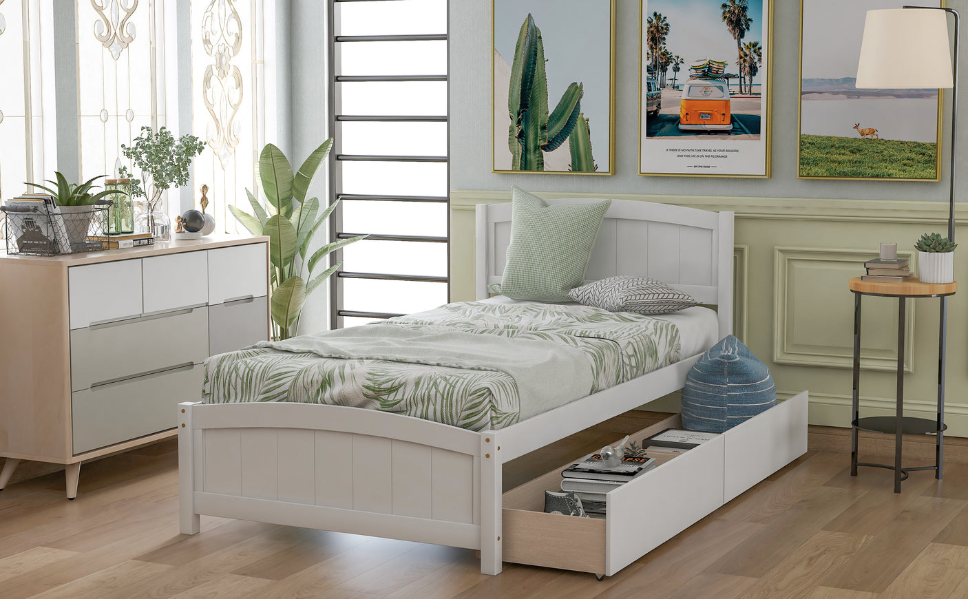 Twin size Platform Bed with Two Drawers, White - Home Elegance USA