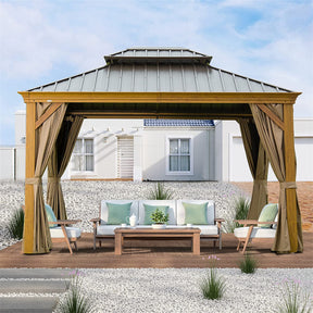 Enhance your outdoor oasis: 10'x12' Wood-Look Hardtop Gazebo with durable aluminum frame, galvanized steel roof, and integrated curtains/netting