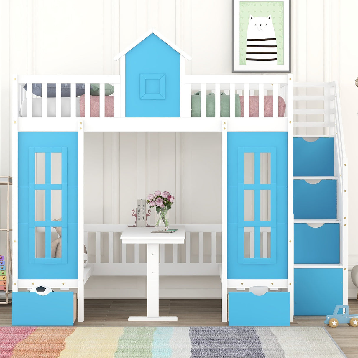 Full-Over-Full Bunk Bed with Changeable Table , Bunk Bed Turn into Upper Bed and Down Desk - Blue - Home Elegance USA