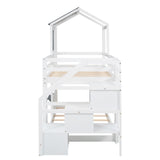 Twin Over Twin Bunk Bed with Storage Stairs,Wood Bed with Roof, Window, Guardrail, Ladder，White - Home Elegance USA