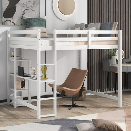 Full Size Loft Bed with Built-in Desk and Shelves,White - Home Elegance USA