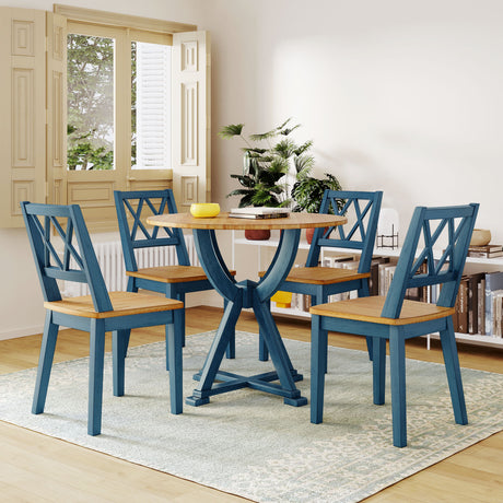 TOPMAX Mid-Century 5-Piece Round Dining Table Set with Trestle Legs and 4 Cross Back Dining Chairs, Antique Oak+Antique Blue - Home Elegance USA