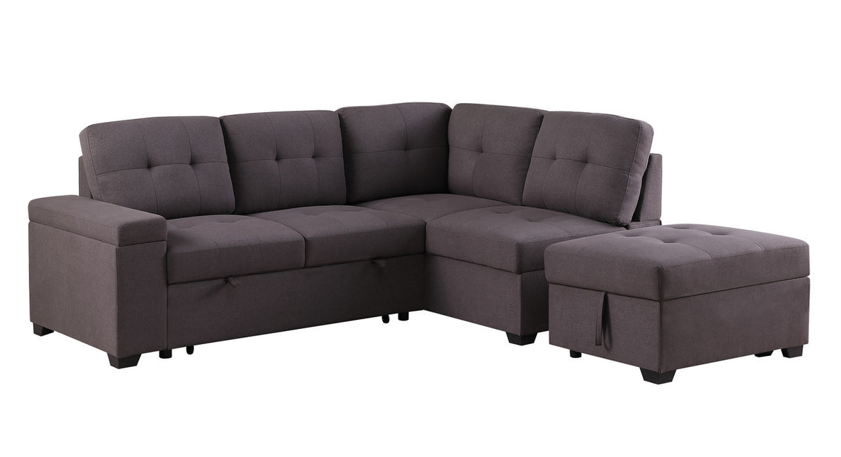 Katie Brown Linen Sleeper Sectional Sofa with Storage Ottoman, Storage Arm - Home Elegance USA