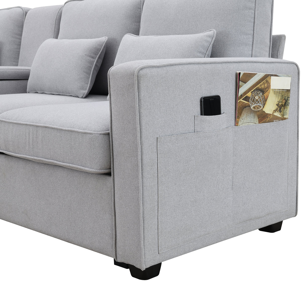 [VIDEO provided] [New] 114.2" Upholstered Sofa with Console, 2 Cupholders and 2 USB Ports Wired or Wirelessly Charged, Modern Linen Fabric Couches with 4 Pillows for Living Room, Apartment (4-Seat) Home Elegance USA