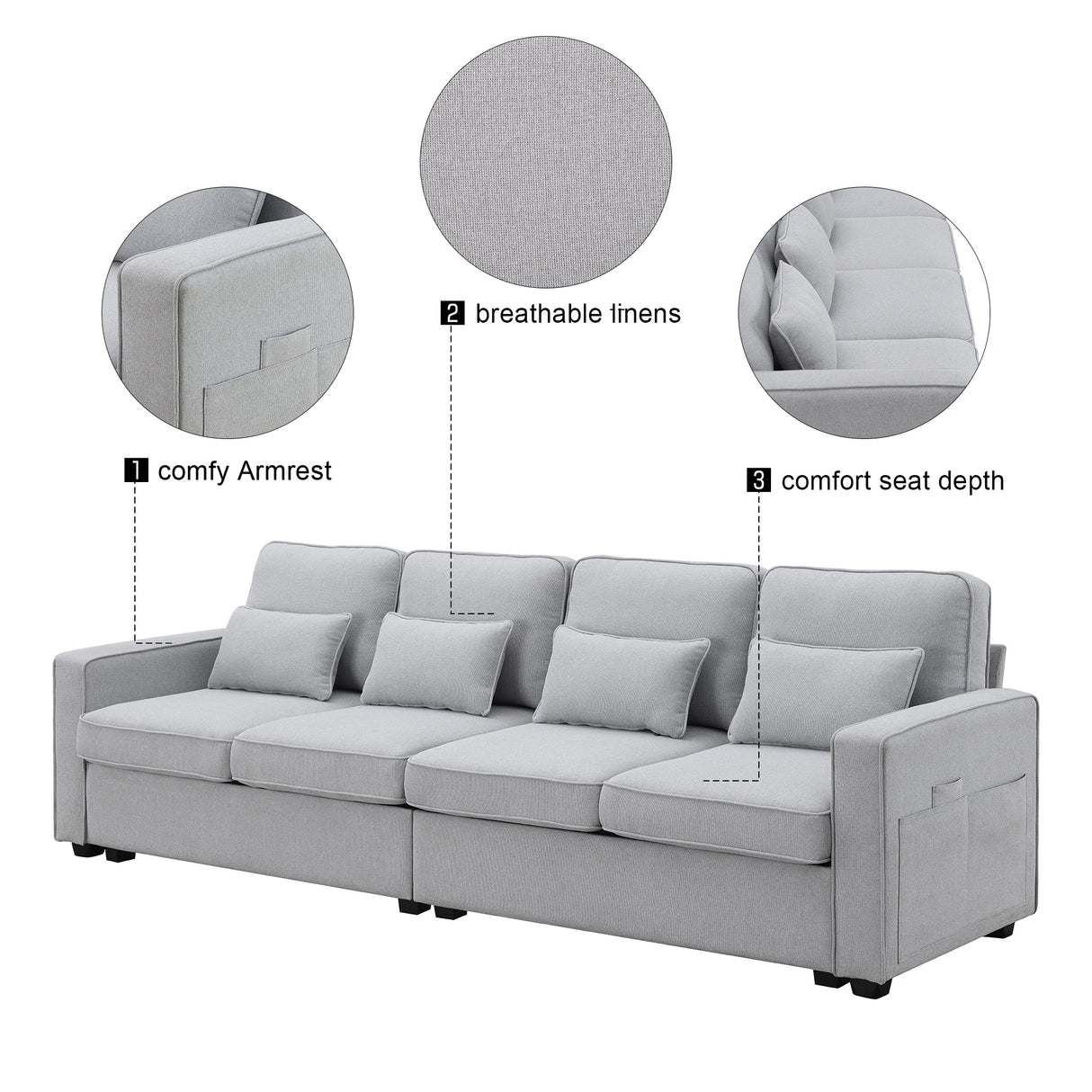 [VIDEO provided] [New] 104" 4-Seater Modern Linen Fabric Sofa with Armrest Pockets and 4 Pillows,Minimalist Style Couch for Living Room, Apartment, Office,3 Colors - Home Elegance USA