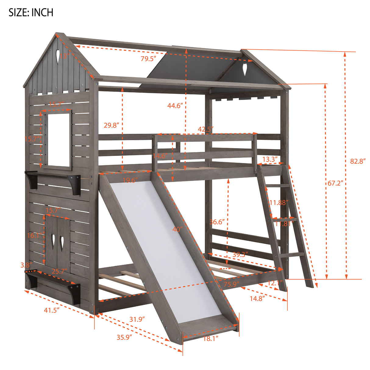 Twin Over Twin Bunk Bed Wood Bed with Roof, Window, Slide, Ladder ,Antique Gray(OLD SKU:LP000059AAE) - Home Elegance USA