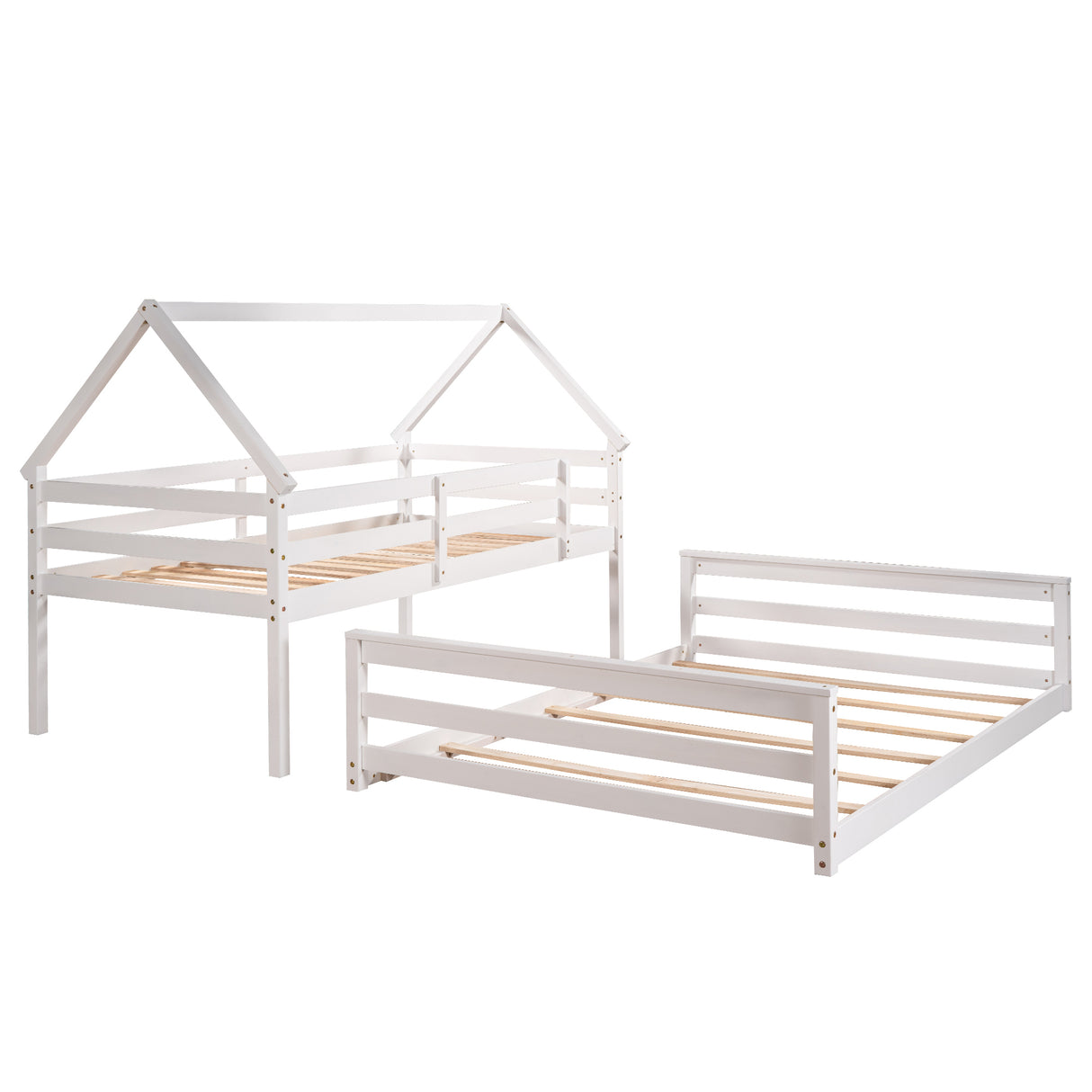 Twin over Full House Bunk Bed with Built-in Ladder,White - Home Elegance USA