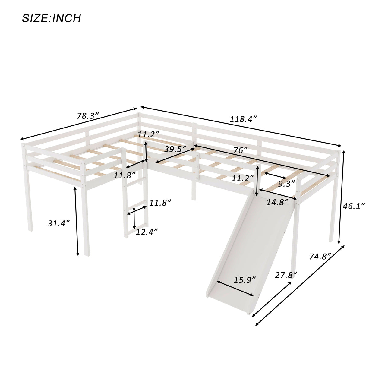 L-Shaped Twin Size Loft Bed with Ladder and Slide, White - Home Elegance USA