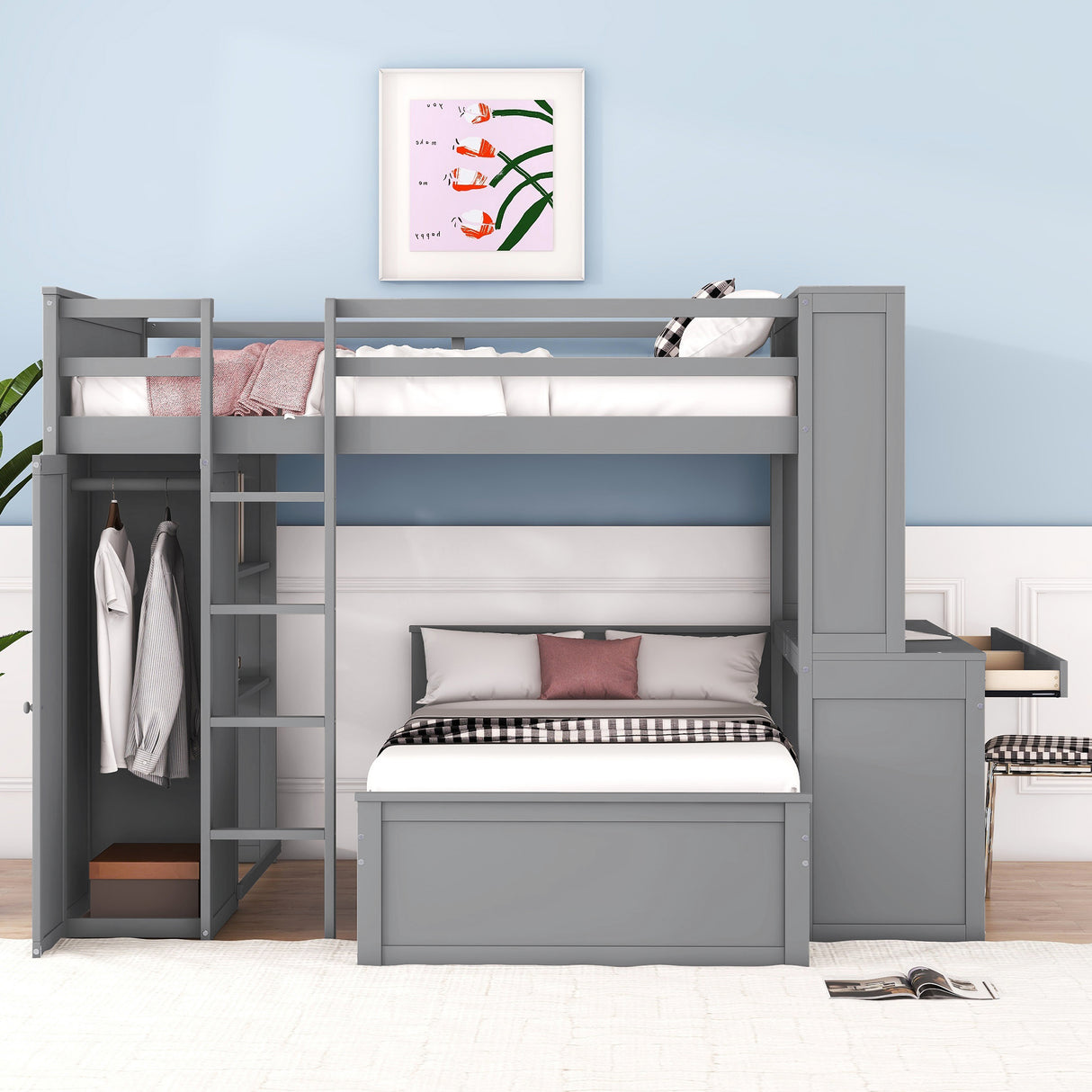 Full size Loft Bed with a twin size Stand-alone bed, Shelves,Desk,and Wardrobe-Gray - Home Elegance USA