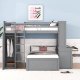 Full size Loft Bed with a twin size Stand-alone bed, Shelves,Desk,and Wardrobe-Gray - Home Elegance USA