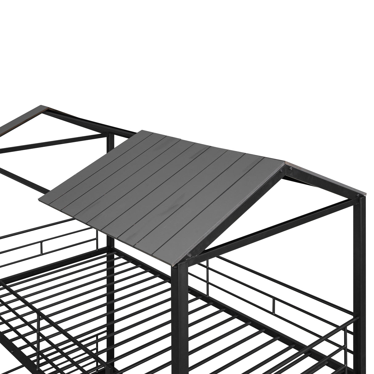 Twin Over Twin Bunk Bed Metal Bed with Half Roof, Guardrail and Ladder Black - Home Elegance USA