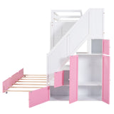 Twin Over Twin Bunk Bed with Trundle ,Stairs,Ladders Solid Wood Bunk bed with Storage Cabinet （White + Pink） - Home Elegance USA