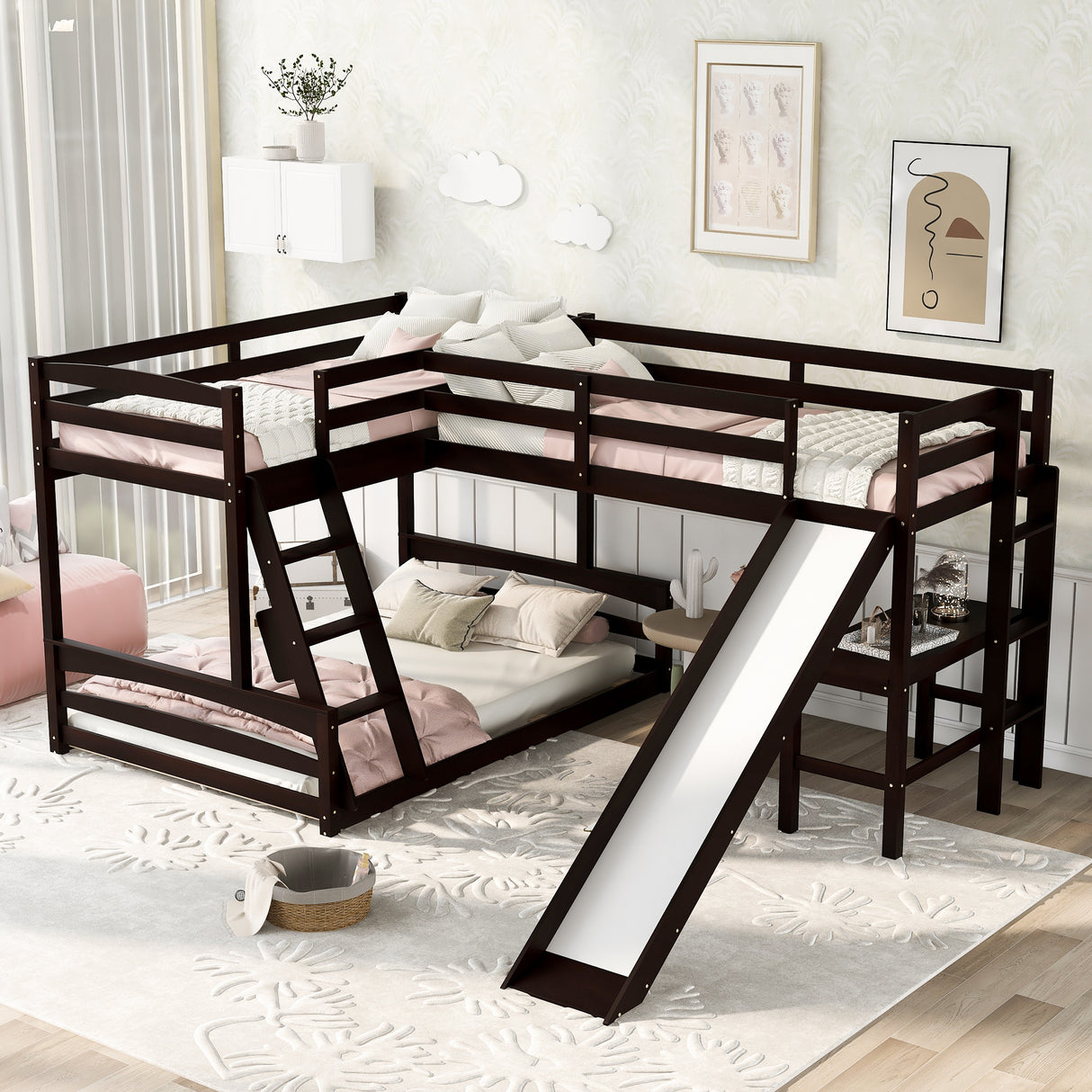 Twin over Full Bunk Bed with Twin Size Loft Bed with Desk and Slide,Full-Length Guardrail, Espresso - Home Elegance USA