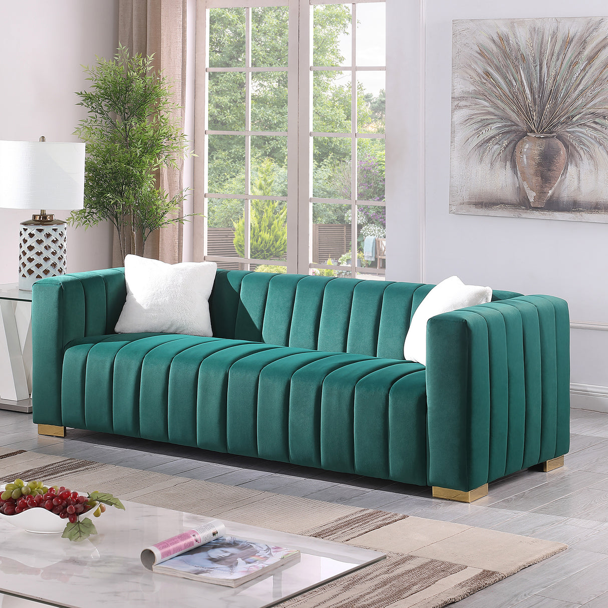 A modern channel sofa take on a traditional Chesterfield,Dark Green color,3 Seater - W1099S00034 - image - 2