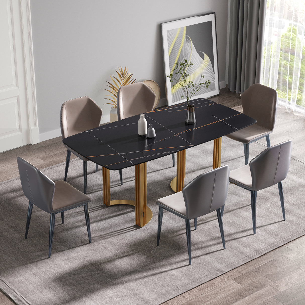 70.87"Modern artificial stone black curved golden metal leg dining table-can accommodate 6-8 people - Home Elegance USA
