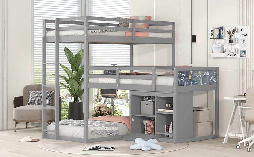 L-shaped Wood Triple Twin Size Bunk Bed with Storage Cabinet and Blackboard, Ladder, Gray - Home Elegance USA