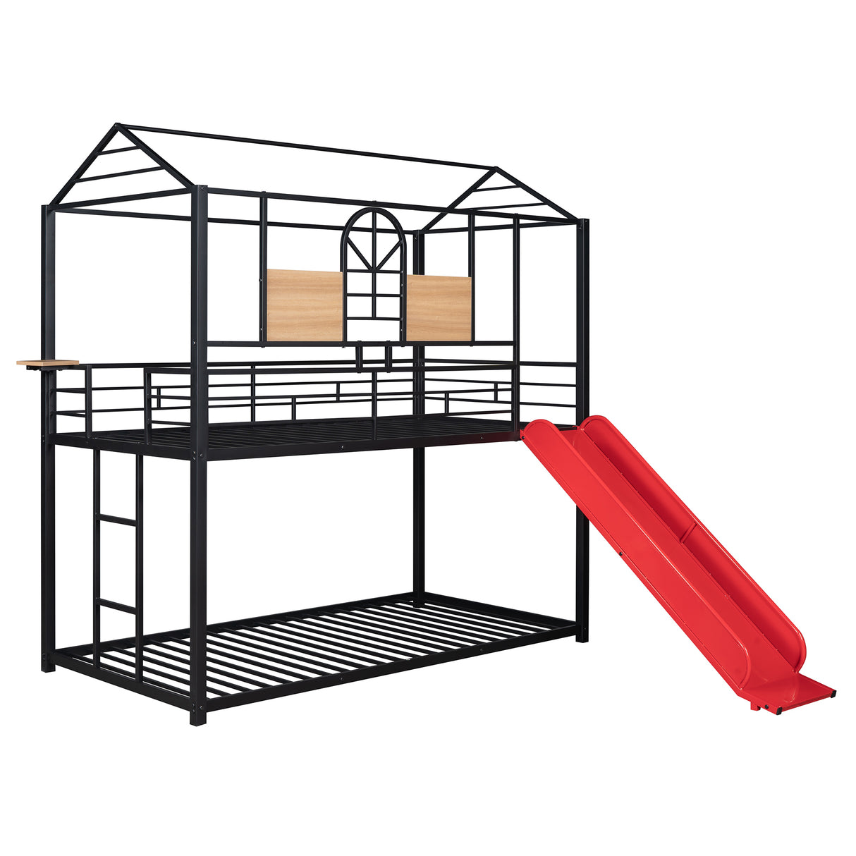 Twin Over Twin Metal Bunk Bed ,Metal Housebed With Slide,Three Colors Available.(Black with Red Slide)(OLD SKU :LP000095AAJ) - Home Elegance USA