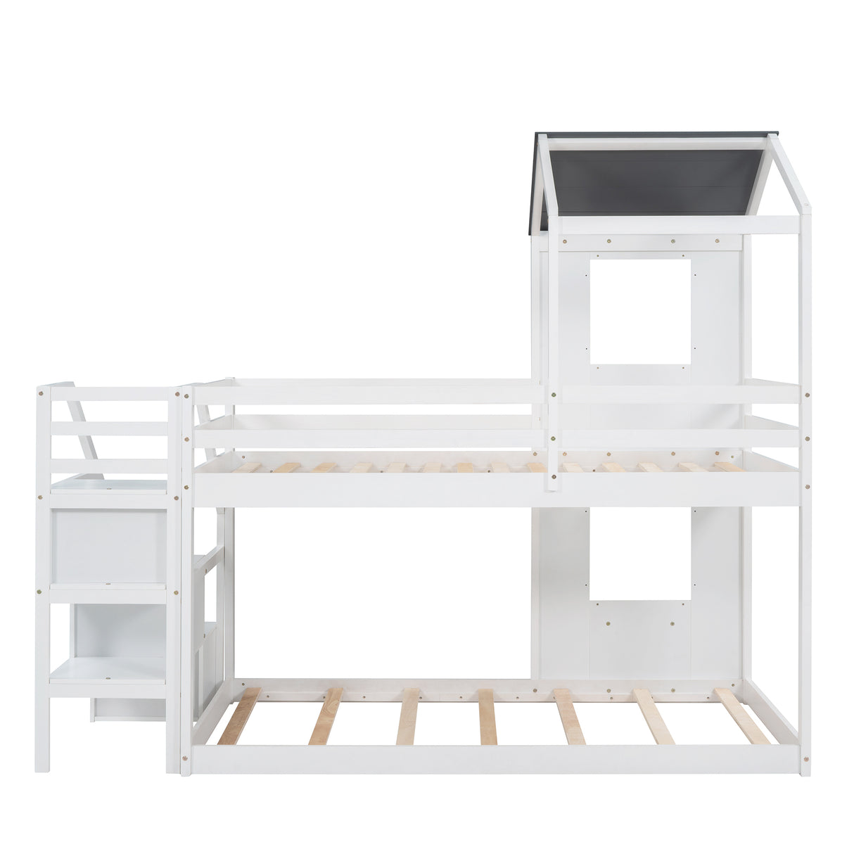 Twin Over Twin Bunk Bed with Storage Stairs,Wood Bed with Roof, Window, Guardrail, Ladder，White - Home Elegance USA