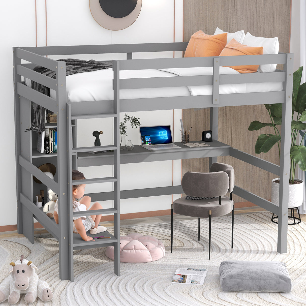 Full Size Loft Bed with Multifunction Shelves and Under-bed Desk, Gray - Home Elegance USA