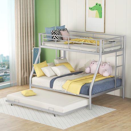 Twin over Full Bed with Sturdy Steel Frame, Bunk Bed with Twin Size Trundle, Two-Side Ladders, Silver