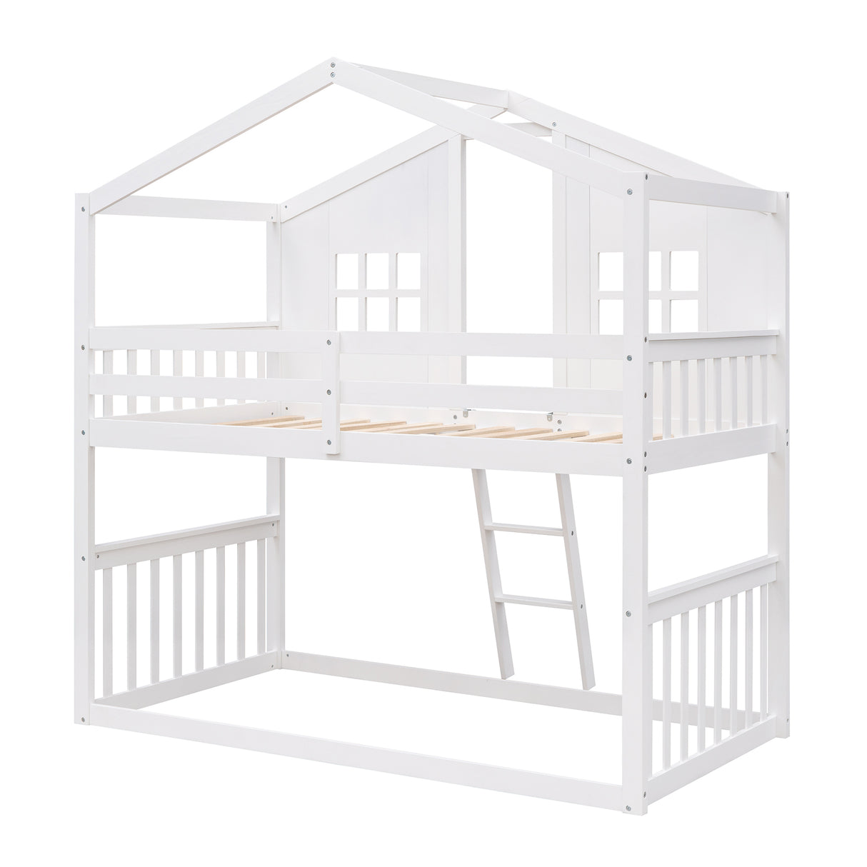 Twin Over Twin House Bunk Bed With Ladder, Wood Bed-White - Home Elegance USA
