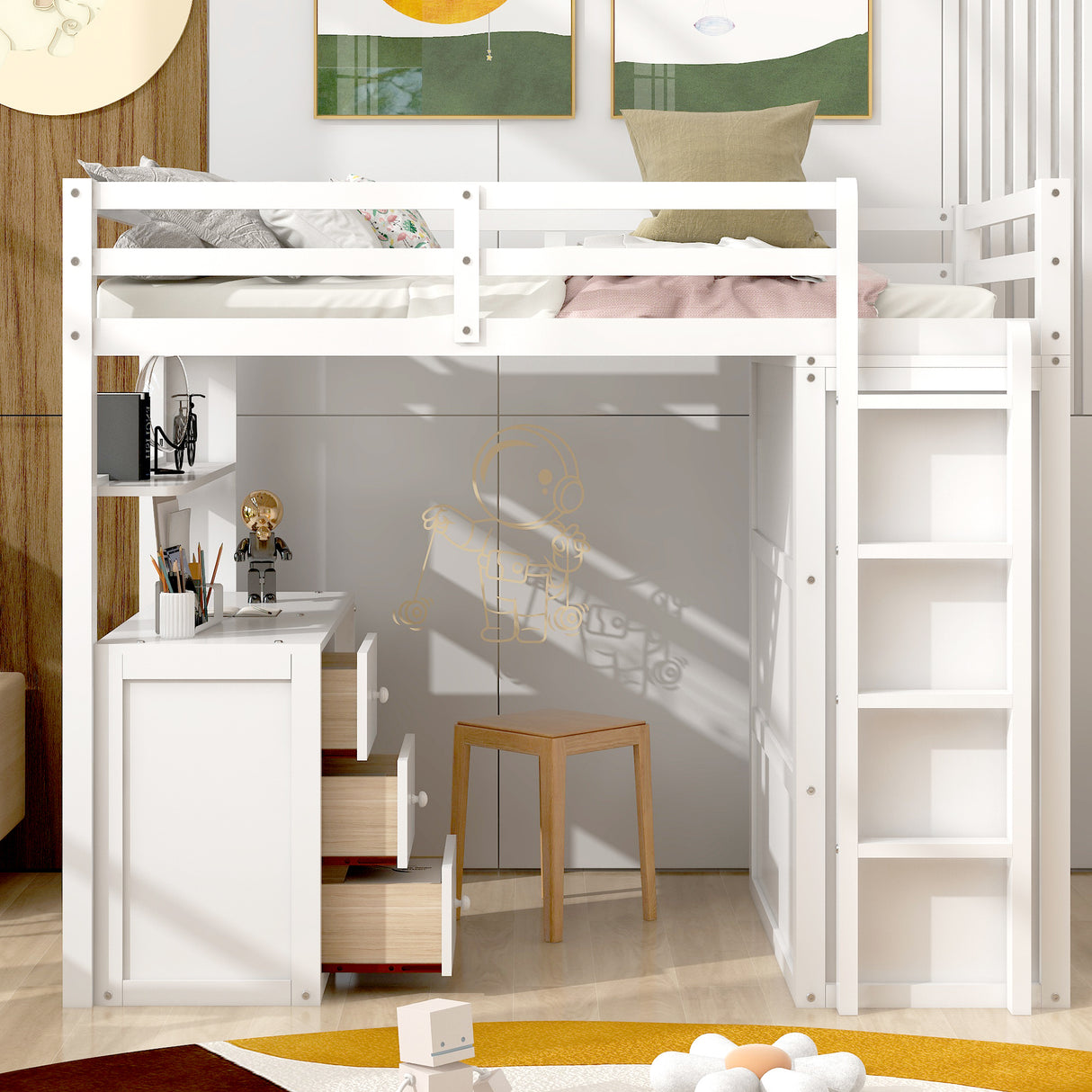 Twin size Loft Bed with Drawers,Desk,and Wardrobe-White - Home Elegance USA