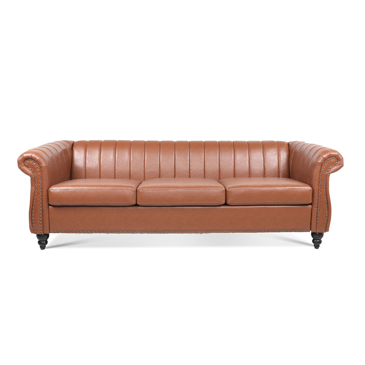 83.46" Brown PU Rolled Arm Chesterfield Three Seater Sofa. | Home Elegance USA