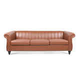 83.46" Brown PU Rolled Arm Chesterfield Three Seater Sofa. - W68033868 - image - 4